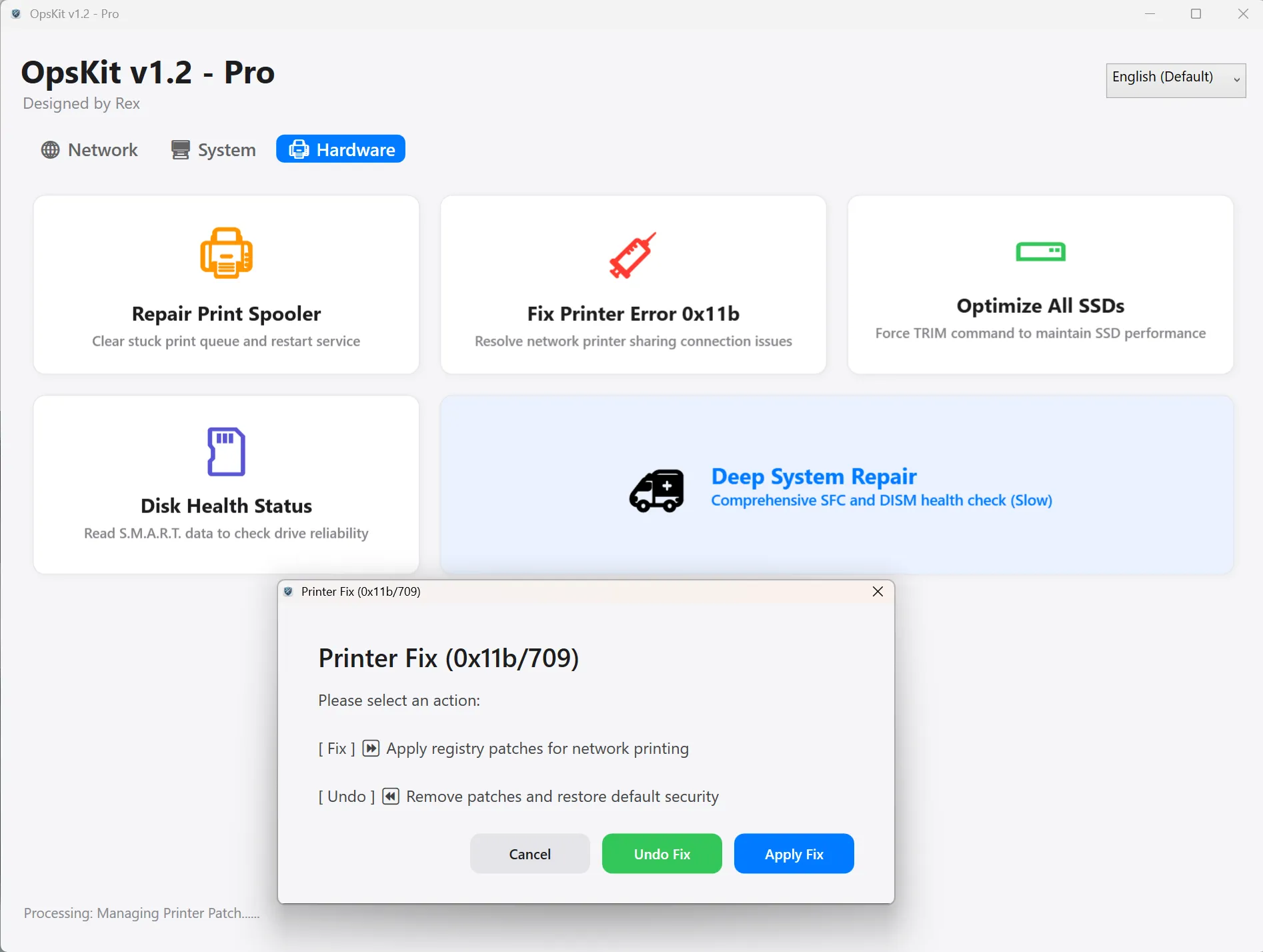 OpsKit Network category — Reset Network Stack, Show WiFi Passwords, Fix LAN Sharing and more